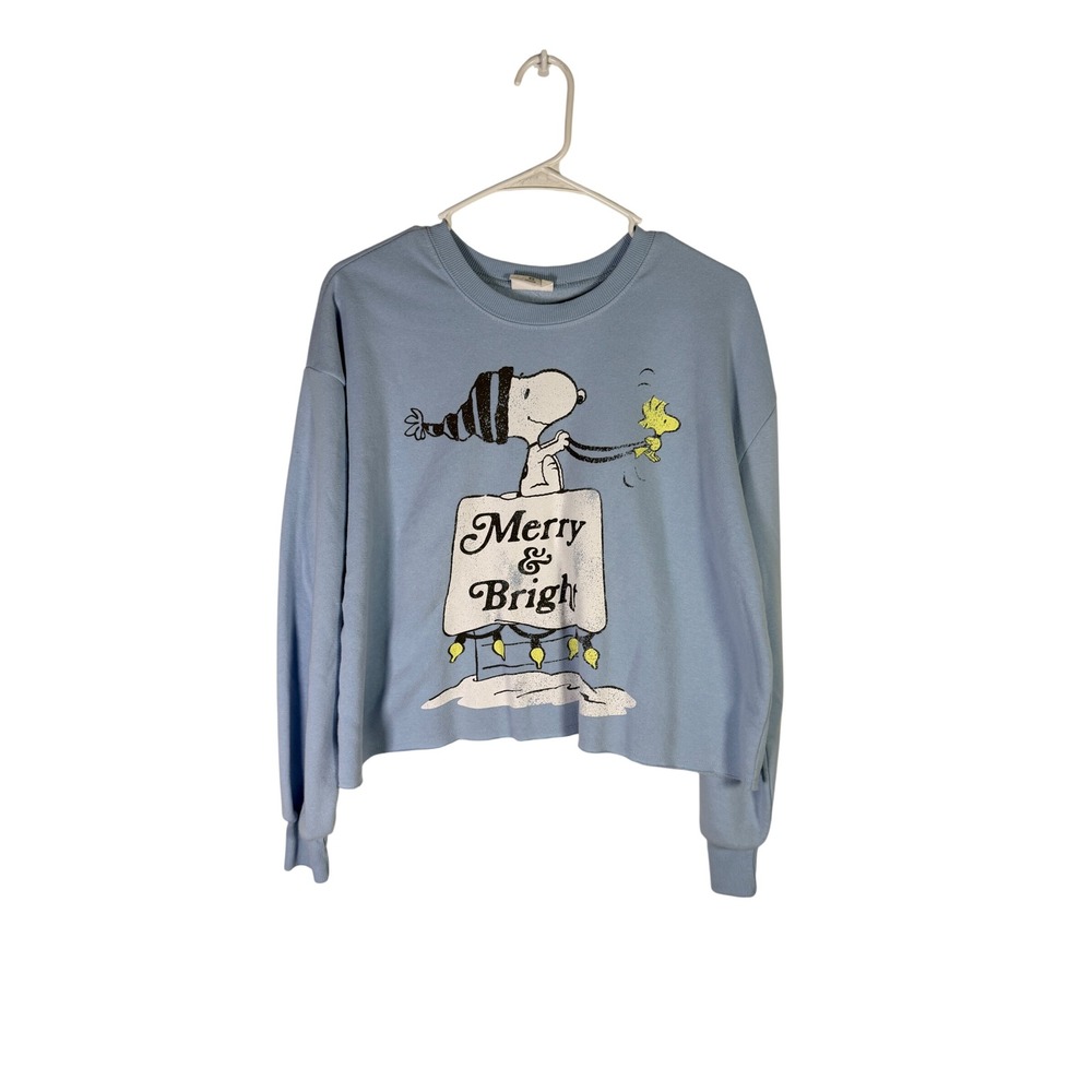 Grayson Threads Peanuts Snoopy Merry & Bright Sweatshirt Blue Womens XS Cropped